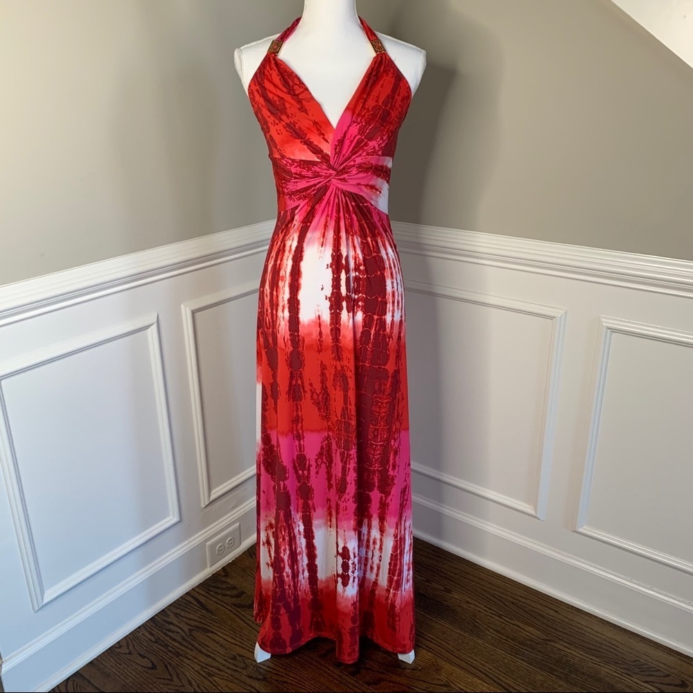 Natori Red Pink Orange Tie dye Maxi Halter Dress Size Small